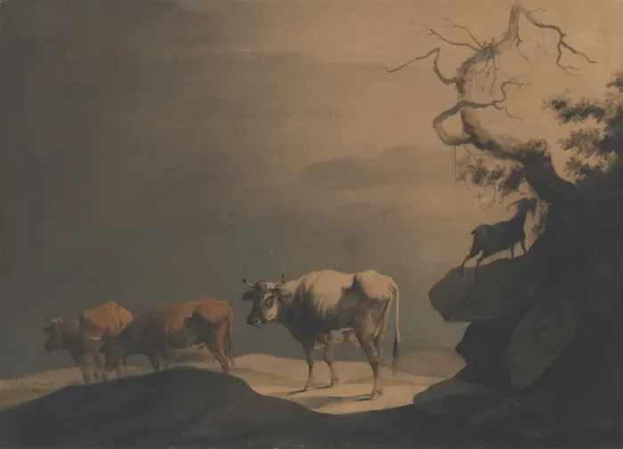 Framed Print : Cows and a Goat in a Landscape, 1774. Creator: Attributed to Jean Pillement Framed Print : Cows and a Goat in a Landscape, 1774. Creator: Attributed to Jean Pillement