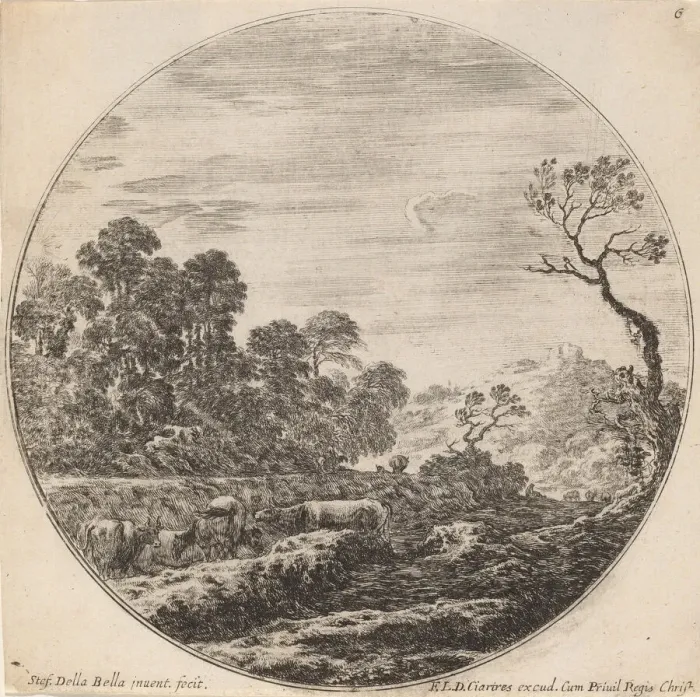 Framed Print : Cows Grazing in a Valley, 1646. Creator: Stefano della Bella Framed Print : Cows Grazing in a Valley, 1646. Creator: Stefano della Bella