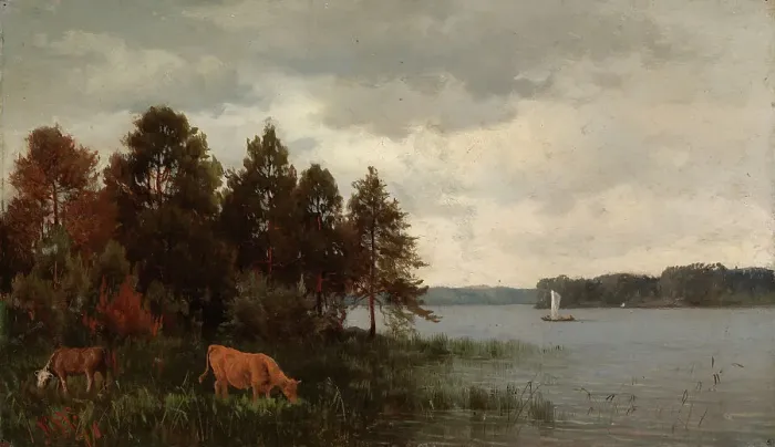 Framed Print : Cows by a lake, 1876. Creator: Fridolf Weurlander Framed Print : Cows by a lake, 1876. Creator: Fridolf Weurlander