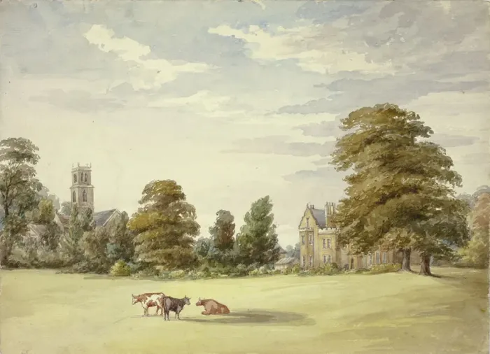 Framed Print : Cows before Manor House and Church, n. d. Creator: Elizabeth Murray Framed Print : Cows before Manor House and Church, n. d. Creator: Elizabeth Murray