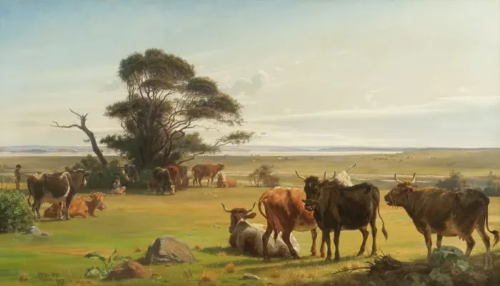 Framed Print : Cows in a Meadow, 1872. Creator: Otto Haslund Framed Print : Cows in a Meadow, 1872. Creator: Otto Haslund