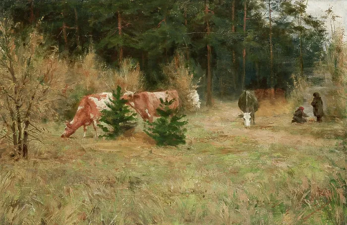 Framed Print : Cows near a Forest, c1900. Creator: Maria Chmielowska Framed Print : Cows near a Forest, c1900. Creator: Maria Chmielowska