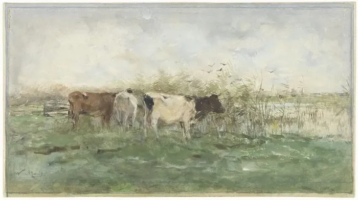 Framed Print : Cows at a puddle, 1844-1910. Creator: Willem Maris Framed Print : Cows at a puddle, 1844-1910. Creator: Willem Maris