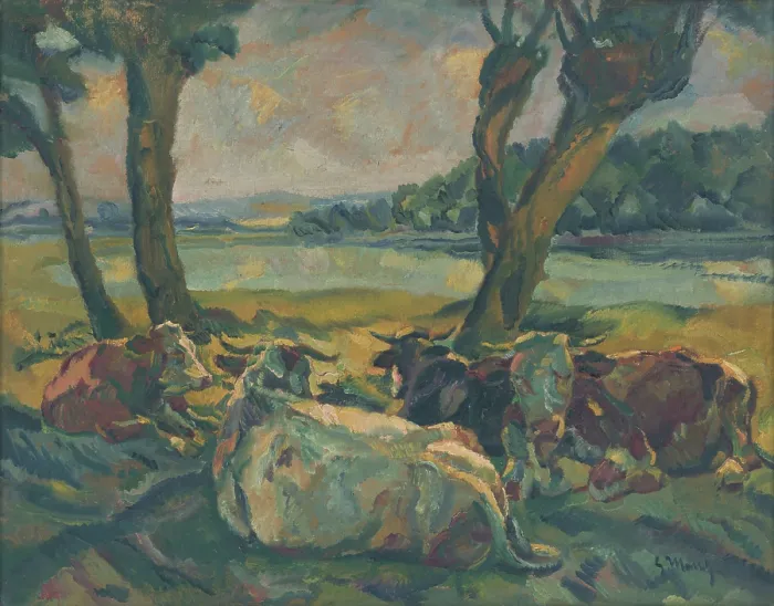 Framed Print : Cows Resting, around 1929. Creator: Gustav Mally Framed Print : Cows Resting, around 1929. Creator: Gustav Mally