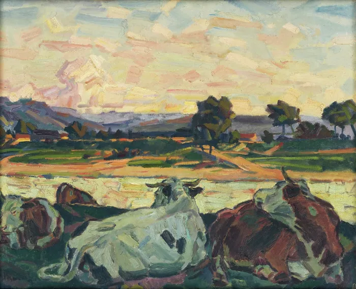 Framed Print : Cows on a River Bank, 1930-1935. Creator: Gustav Mally Framed Print : Cows on a River Bank, 1930-1935. Creator: Gustav Mally
