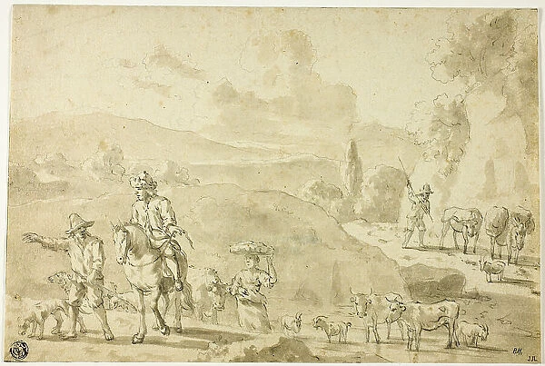Cows, Sheep, Goats Being Herded, Herdsman Giving Directions to Traveler on Horseback, n.d. Creator: Abraham Jansz Begeyn