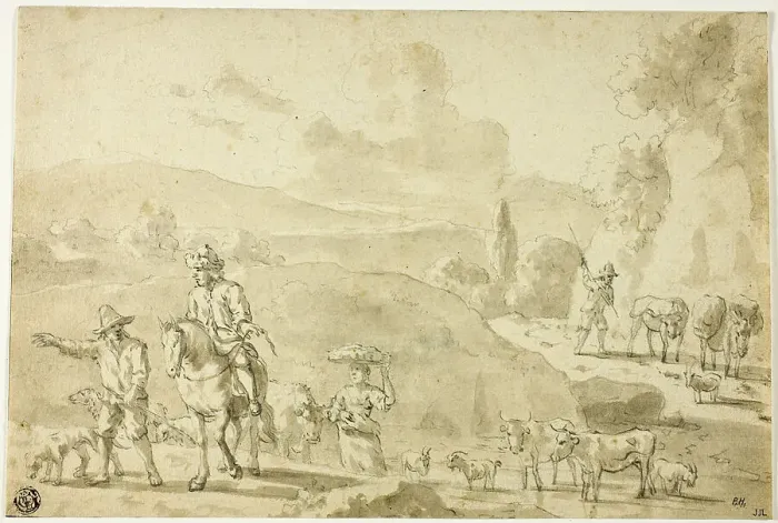 Framed Print : Cows, Sheep, Goats Being Herded, Herdsman Giving Directions to Traveler on Horseback, n.d. Creator: Abraham Jansz Begeyn Framed Print : Cows, Sheep, Goats Being Herded, Herdsman Giving Directions to Traveler on Horseback, n.d. Creator: Abraham Jansz Begeyn