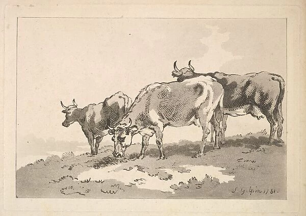 Three Cows Standing on the Ridge of a Field, 1784-87. Creator: Thomas Rowlandson