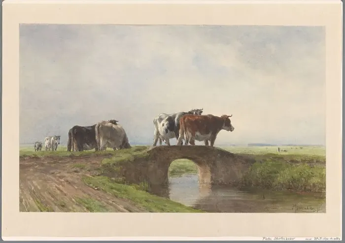 Framed Print : Cows on a stone bridge, 1838-1892. Creator: Pieter Stortenbeker Framed Print : Cows on a stone bridge, 1838-1892. Creator: Pieter Stortenbeker