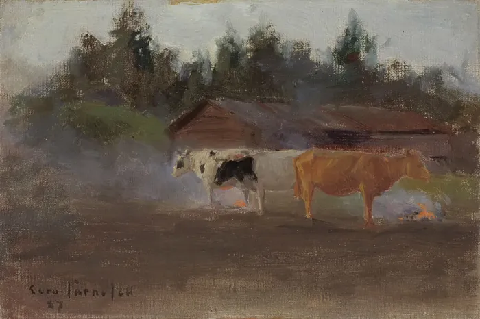Framed Print : Cows in Turf Smoke, study, 1887. Creator: Eero Jarnefelt Framed Print : Cows in Turf Smoke, study, 1887. Creator: Eero Jarnefelt