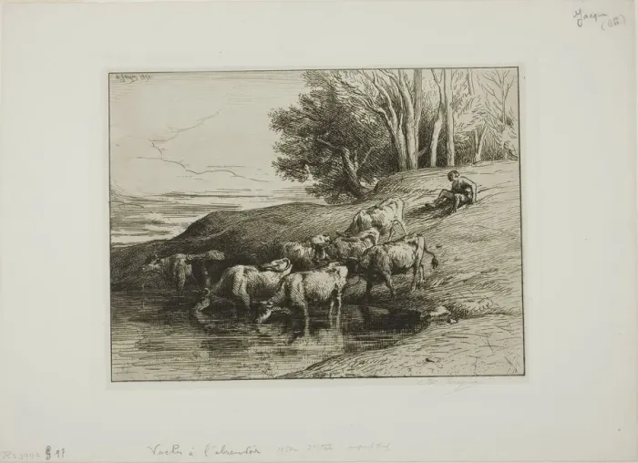 Framed Print : Cows at the Watering Place, 1850. Creator: Charles Emile Jacque Framed Print : Cows at the Watering Place, 1850. Creator: Charles Emile Jacque