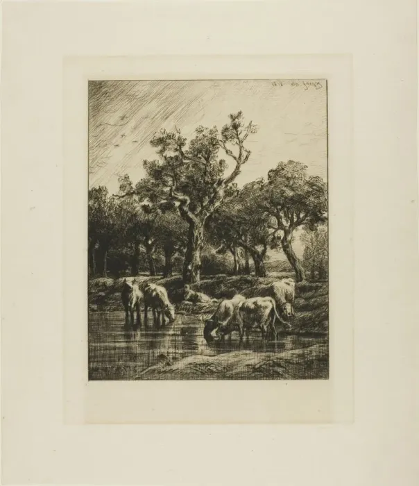 Framed Print : Cows at a Watering Place, 1878. Creator: Charles Emile Jacque Framed Print : Cows at a Watering Place, 1878. Creator: Charles Emile Jacque