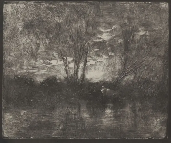 Framed Print : Cows at a Watering Place, original impression 1862, printed in 1921 Framed Print : Cows at a Watering Place, original impression 1862, printed in 1921