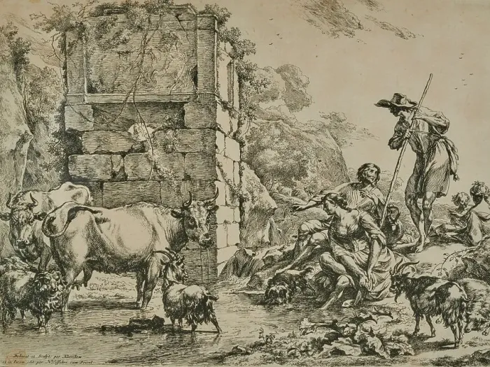 Framed Print : The Cows At The Watering Place (The Cow Drinking), 1680. Creator: Nicolaes Berchem Framed Print : The Cows At The Watering Place (The Cow Drinking), 1680. Creator: Nicolaes Berchem