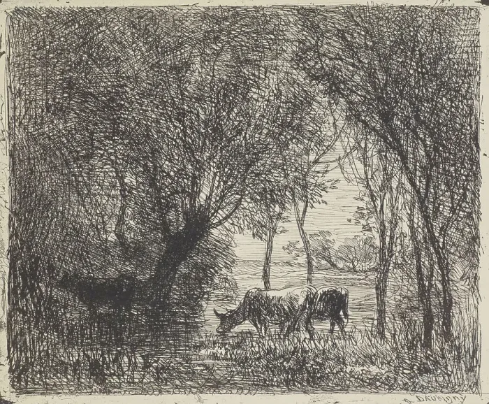 Framed Print : Cows in woods, 1862. Creator: Charles Francois Daubigny Framed Print : Cows in woods, 1862. Creator: Charles Francois Daubigny