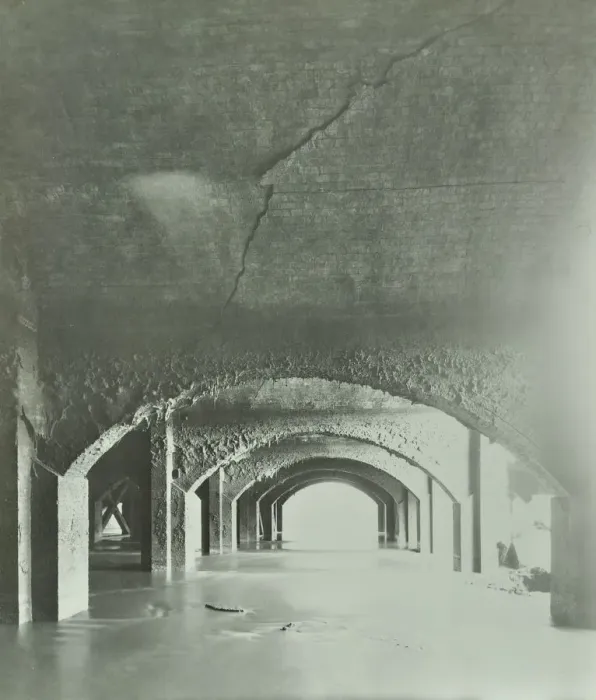 Framed Print : Cracks in the brickwork from wartime bombing, Beckton Sewage Works, London, 1946 Framed Print : Cracks in the brickwork from wartime bombing, Beckton Sewage Works, London, 1946