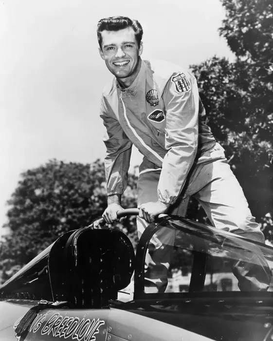 Framed Print : Craig Breedlove posing on top of the Spirit of America Framed Print : Craig Breedlove posing on top of the Spirit of America