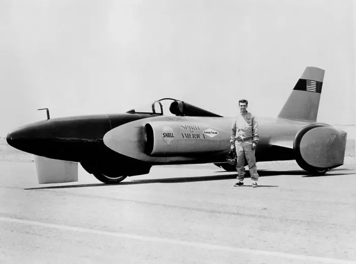 Framed Print : Craig Breedlove with Spirit of America Land Speed Record car, c1963 Framed Print : Craig Breedlove with Spirit of America Land Speed Record car, c1963