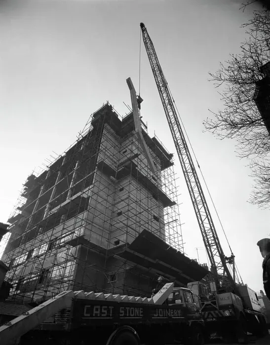 Framed Print : Crane lifting staircase carriageways into a new office building, Sheffield, South Yorkshire, 1961 Framed Print : Crane lifting staircase carriageways into a new office building, Sheffield, South Yorkshire, 1961