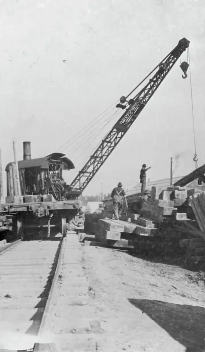 Framed Print : Crane being used in construction of new railway bridge, between c1900 and c1930. Creator: Unknown Framed Print : Crane being used in construction of new railway bridge, between c1900 and c1930. Creator: Unknown