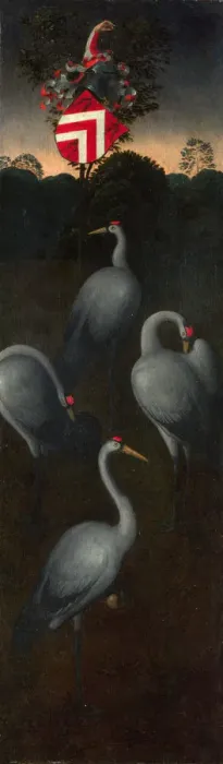 Framed Print : Cranes with the coat of arms of the Pagagnotti family (The reverse of a Panel from a Triptych), c. 1480. Artist: Memling, Hans (1433 / 40-1494) Framed Print : Cranes with the coat of arms of the Pagagnotti family (The reverse of a Panel from a Triptych), c. 1480. Artist: Memling, Hans (1433 / 40-1494)