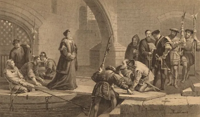 Framed Print : Cranmer at the Traitors Gate, 1886. Artist: CW Sharpe Framed Print : Cranmer at the Traitors Gate, 1886. Artist: CW Sharpe