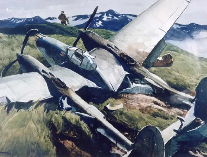 Framed Print : Crash Landing, Aleutians, 1943. Artist: Ogden Minton Pleissner Framed Print : Crash Landing, Aleutians, 1943. Artist: Ogden Minton Pleissner