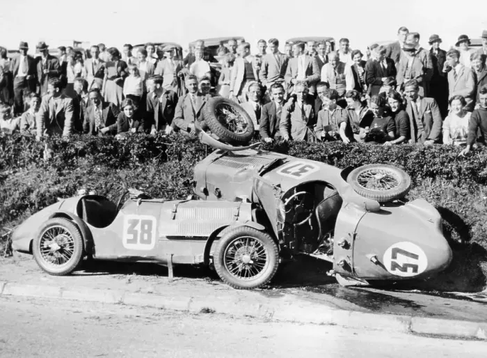 Framed Print : Two crashed cars from the Singer Nine team, possibly at a TTrace, 1935 Framed Print : Two crashed cars from the Singer Nine team, possibly at a TTrace, 1935