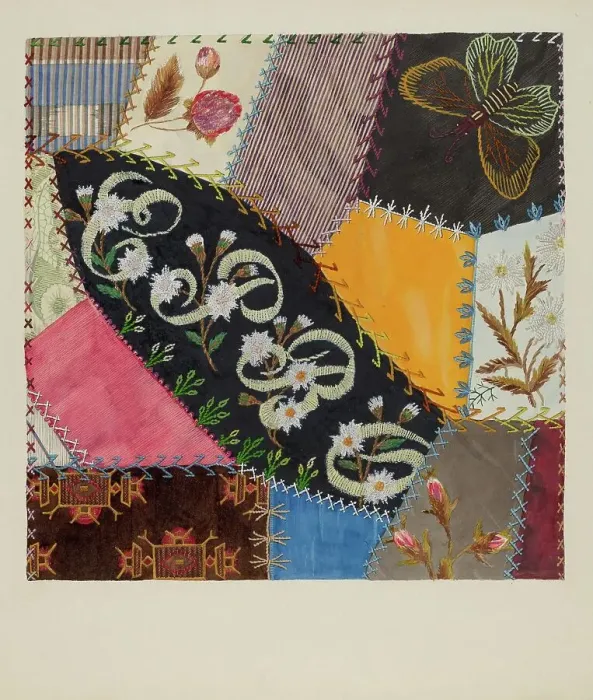 Framed Print : Crazy Quilt Detail, c. 1937. Creator: Edith Towner Framed Print : Crazy Quilt Detail, c. 1937. Creator: Edith Towner