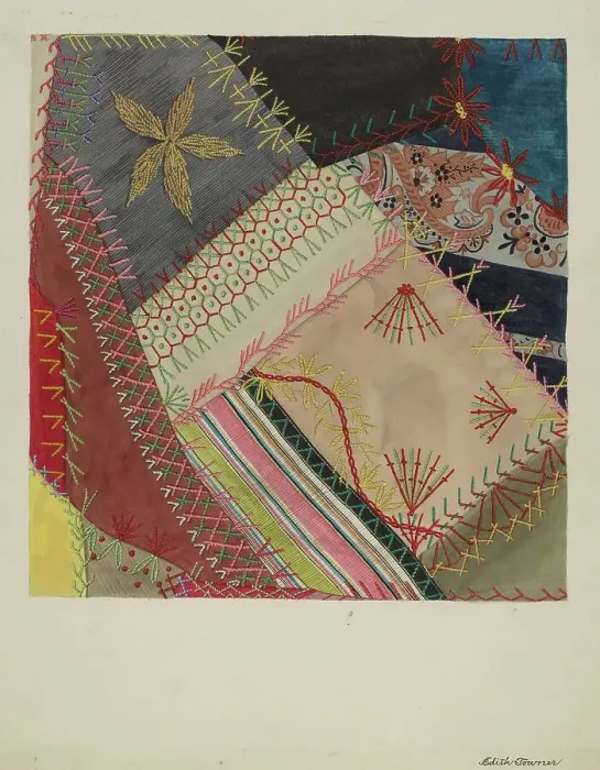 Framed Print : Crazy Quilt (Detail), c. 1940. Creator: Edith Towner Framed Print : Crazy Quilt (Detail), c. 1940. Creator: Edith Towner
