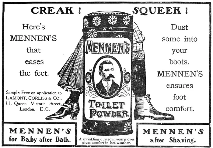 Framed Print : Creak! Squeek! Mennen's Toilet Powder - dust some into your boots, 1909. Creator: Unknown Framed Print : Creak! Squeek! Mennen's Toilet Powder - dust some into your boots, 1909. Creator: Unknown