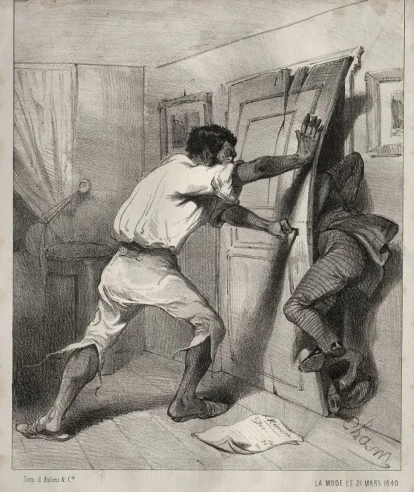Framed Print : Un Creancier trop presse, 1840. Creator: Cham (French, 1818-1879) Framed Print : Un Creancier trop presse, 1840. Creator: Cham (French, 1818-1879)