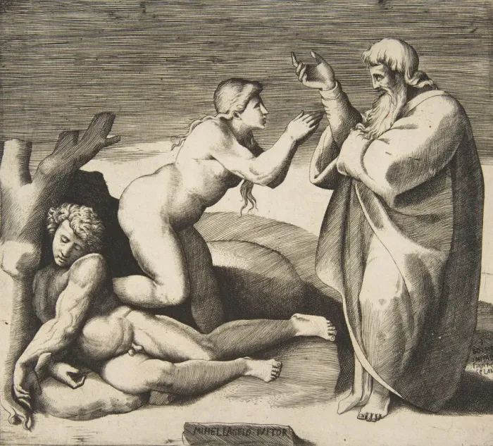 Framed Print : The creation of Eve who emerges from behind Adam, ca. 1530-70. Creator: Giulio Bonasone Framed Print : The creation of Eve who emerges from behind Adam, ca. 1530-70. Creator: Giulio Bonasone