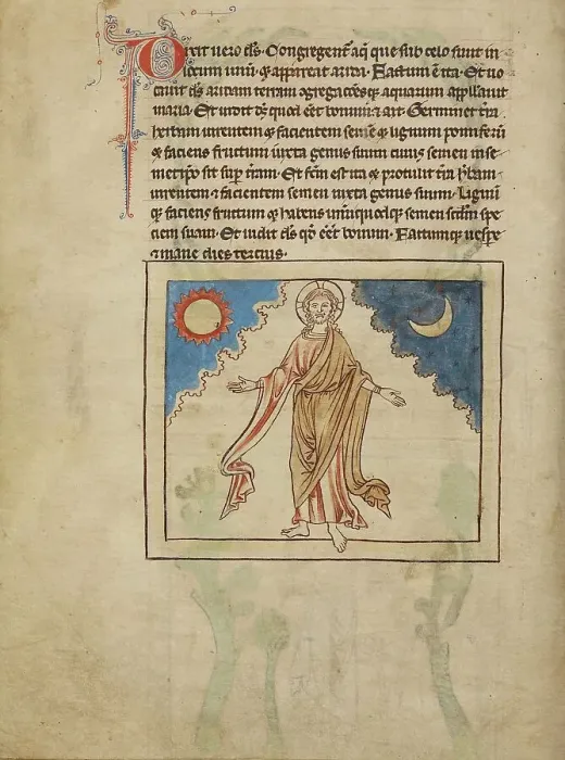 Framed Print : The Creation of the Sun, Moon, and Stars; Northumberland Bestiary, about 1250-1260. Creator: Unknown