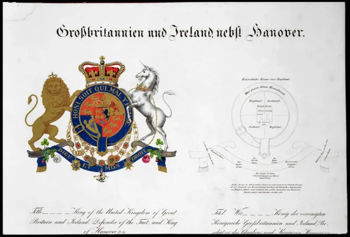 Framed Print : Crest of the King of the United Kingdom of Great Britain and Ireland and Hanover, 19th century Framed Print : Crest of the King of the United Kingdom of Great Britain and Ireland and Hanover, 19th century