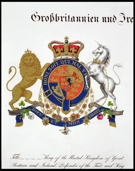 Framed Print : Crest of the King of the United Kingdom of Great Britain and Ireland and Hanover, 19th century Framed Print : Crest of the King of the United Kingdom of Great Britain and Ireland and Hanover, 19th century