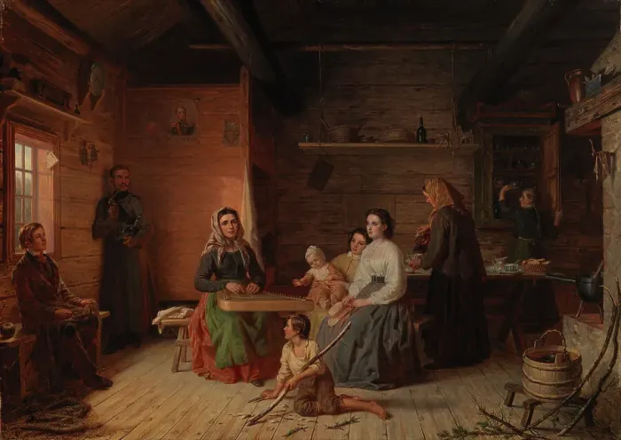 Framed Print : Crete Haapasalo Playing the Kantele in a Peasant Cottage, 1868. Creator: Robert Wilhelm Ekman Framed Print : Crete Haapasalo Playing the Kantele in a Peasant Cottage, 1868. Creator: Robert Wilhelm Ekman