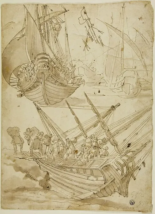 Framed Print : Crew Abandoning Ship (recto) Sketches of Corinthian Columns (verso), c.1600. Creator: Lazzaro Tavarone Framed Print : Crew Abandoning Ship (recto) Sketches of Corinthian Columns (verso), c.1600. Creator: Lazzaro Tavarone
