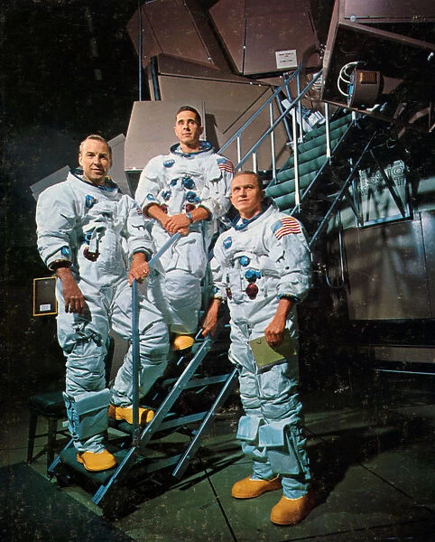 The crew of Apollo 8 in front of a simulator, 1968. Artist: NASA