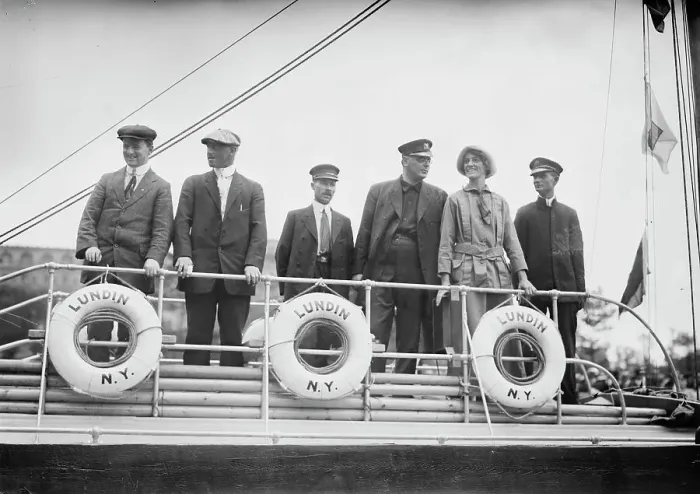 Framed Print : Crew of Lundin Boat, A.J. Meldrum, Chas. Kliktherg, Walter Patterson, E. Sivard & wife... 1914. Creator: Bain News Service Framed Print : Crew of Lundin Boat, A.J. Meldrum, Chas. Kliktherg, Walter Patterson, E. Sivard & wife... 1914. Creator: Bain News Service