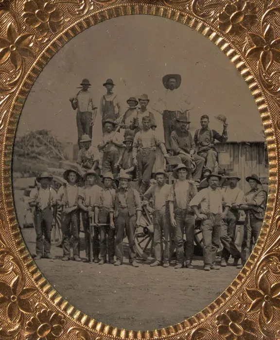Framed Print : Crew of Twenty-one Workmen Posing With Tools Outdoors, 1860s-80s. Creator: Unknown Framed Print : Crew of Twenty-one Workmen Posing With Tools Outdoors, 1860s-80s. Creator: Unknown