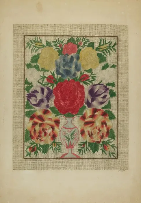 Framed Print : Crewel Embroidery, 1939. Creator: John Wilkes Framed Print : Crewel Embroidery, 1939. Creator: John Wilkes