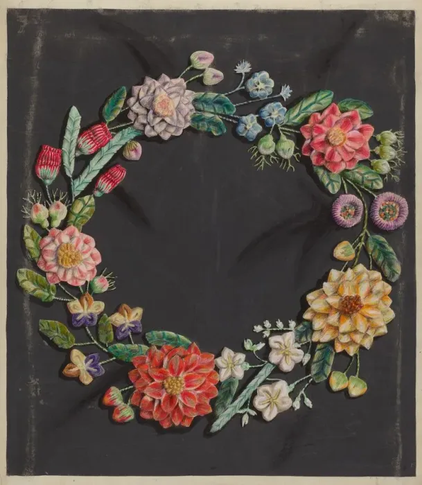 Framed Print : Crewel Work Wreath, c. 1936. Creator: Robert Stewart Framed Print : Crewel Work Wreath, c. 1936. Creator: Robert Stewart