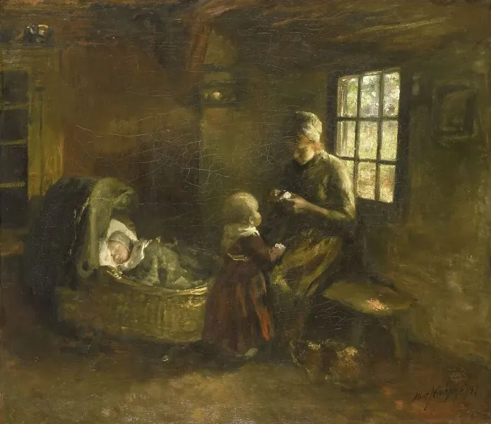 Framed Print : At the crib, 1897. Creator: Albert Neuhuys Framed Print : At the crib, 1897. Creator: Albert Neuhuys
