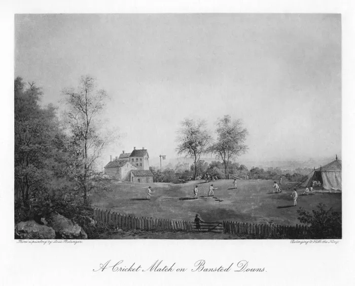 Framed Print : A cricket match on Bansted Downs, Surrey, 19th century (1912) Framed Print : A cricket match on Bansted Downs, Surrey, 19th century (1912)