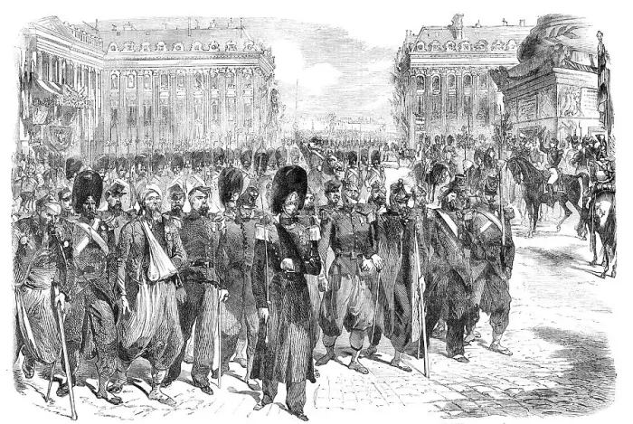 Framed Print : The Crimean Troops Defiling at the Foot of the Column, Place Vendome, 1856. Creator: Unknown Framed Print : The Crimean Troops Defiling at the Foot of the Column, Place Vendome, 1856. Creator: Unknown