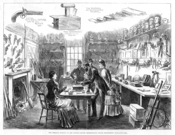 Framed Print : The Criminal Museum at the Convict Office, Metropolitan Police Department, London, 1883. Artist: Swain Framed Print : The Criminal Museum at the Convict Office, Metropolitan Police Department, London, 1883. Artist: Swain