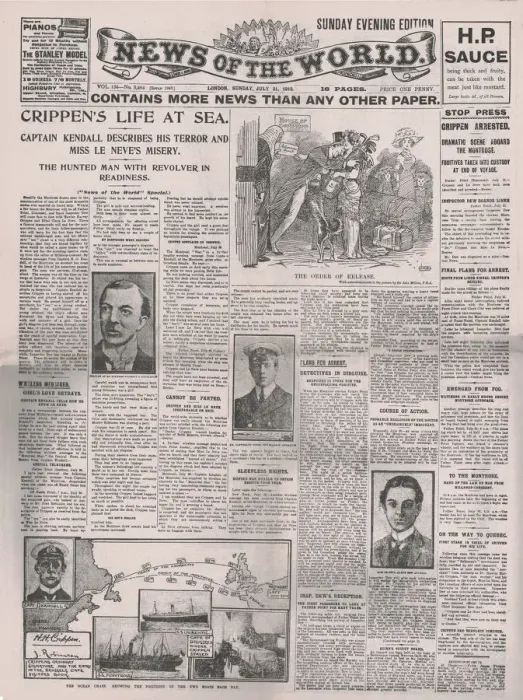 Framed Print : Crippens Life at Sea, front page of the News of the World, 31 July 1910 Framed Print : Crippens Life at Sea, front page of the News of the World, 31 July 1910