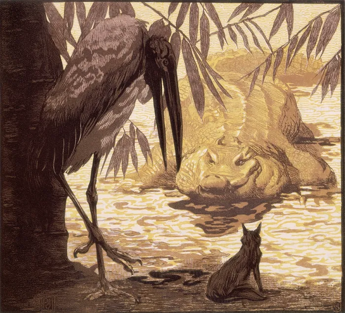 Framed Print : Crocodile, wolf and stork; scene from 'The Jungle Book', 1919. Creator: Paul Jouve Framed Print : Crocodile, wolf and stork; scene from 'The Jungle Book', 1919. Creator: Paul Jouve