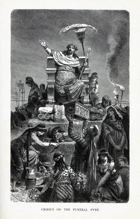 Framed Print : Croesus on the Funeral Pyre, 1882. Artist: Anonymous Framed Print : Croesus on the Funeral Pyre, 1882. Artist: Anonymous